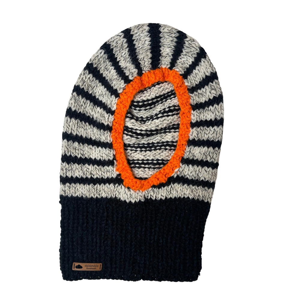 Daldandala‎ Handmade Balaclava Ski Mask Black White Stripe Orange Trim